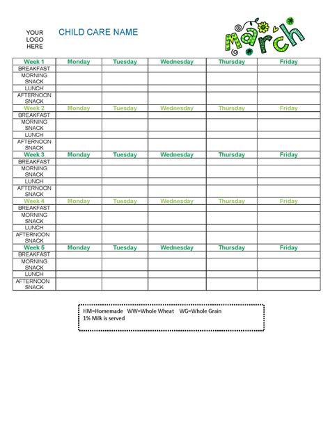 Daycare Monthly Menu Template