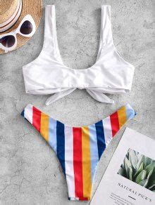 OFF ZAFUL Maillot De Bain Bikini Noué Rayé à Coupe Haute Dans Blanc ZAFUL France