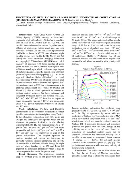 PDF PRODUCTION OF METALLIC IONS AT MARS DURING ENCOUNTER OF COMET C