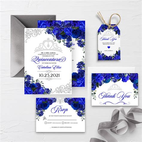 Editable Invitation Royal Blue Silver Floral Quinceanera Etsy