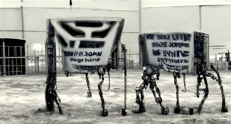 Far Future Amazon Robots On Strike Outside A Factory Like Warehouse