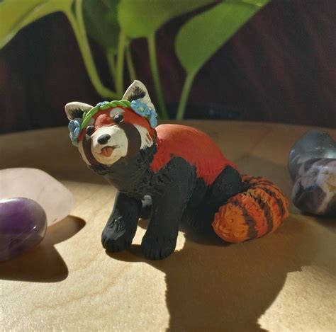 Ooak Red Panda Figurine Cute Polymer Clay Figure With Flower Etsy Ireland