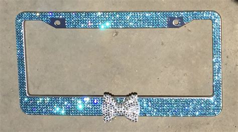 Aquamarine Rhinestone Licence Plate Frame Crystal Bow Women Girl Car