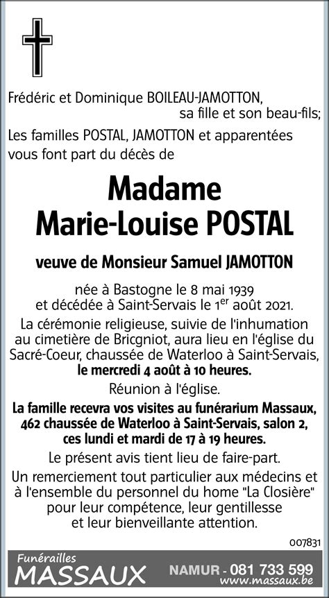 Marie Louise POSTAL 01 08 2021 Avis nécrologique lavenir net