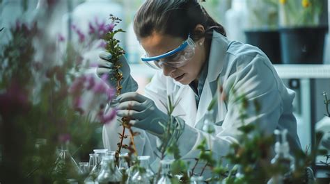 Premium Photo A Female Scientist Wearing A Lab Coat And Safety