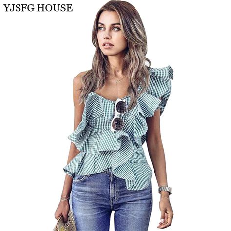 Yjsfg House Fashion One Shoulder Blouse Shirt Women Sexy Green Plaid Ruffle Tops Blouses 2017