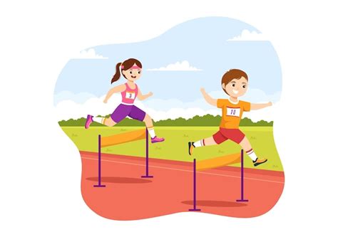 Ni Os Atleta Correr Obst Culo Salto Largo Deportista Juego Ilustraci N