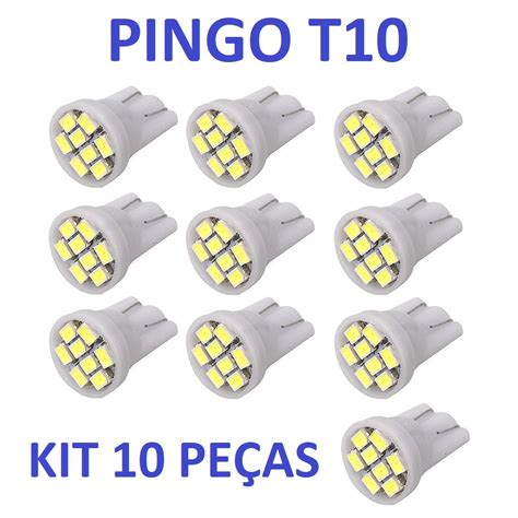 Kit 10 Lâmpadas Super Led Pingo T10 W5W 8 Leds SMD 3020 Para Farolete