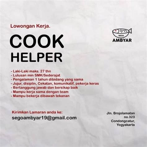 Lowongan Kerja Cook Helper Atmago