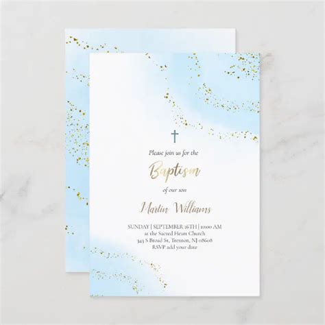 Pastel Blue Watercolor And FAUX Glitter Baptism Invitation Zazzle