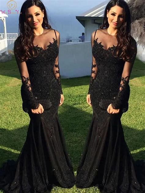 Black Evening Dresses 2019 Muslim Floor Length Long Sleeve O Neck