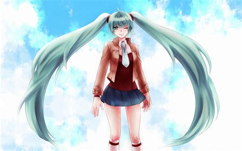 Download Tie Skirt Wink Blue Eyes Blue Hair Twintails Hatsune Miku