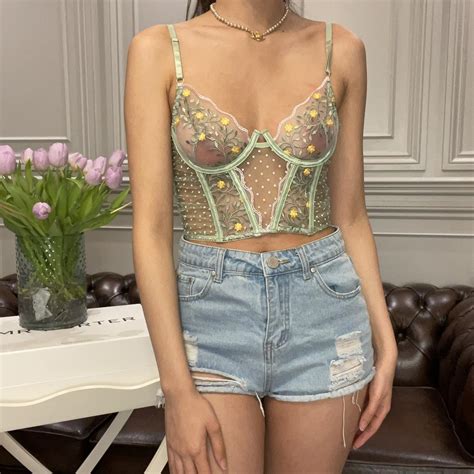 Corset Underwire Floral Embroidery Mesh Crop Top Depop