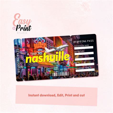 Editable Nashville Boarding Pass Printable Personalized Diy Airline Ticket Birthday Inviation