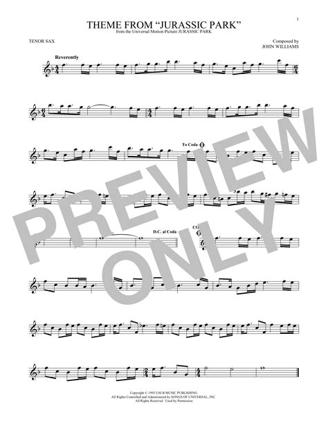 Theme From Jurassic Park By John Williams Sheet Music For Tenor Sax Solo At Sheet Music Direct