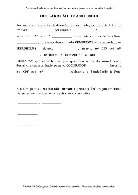 Modelo Declara O De Concord Ncia Dos Herdeiros Para Venda Ou Adjudica O