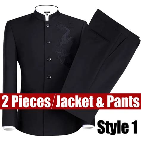 Black Chinese Tunic Suit Mens Traditional Stand Collar Suits Apec