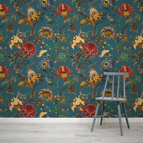 Elegant Grey Blue Chinoiserie Floral Wallpaper Wallpaper Mural