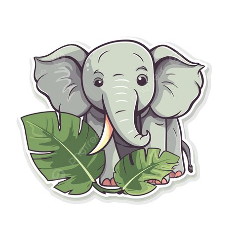 Cute Cartoon Elephant Sticker Standing On A Leaf Clipart Vector