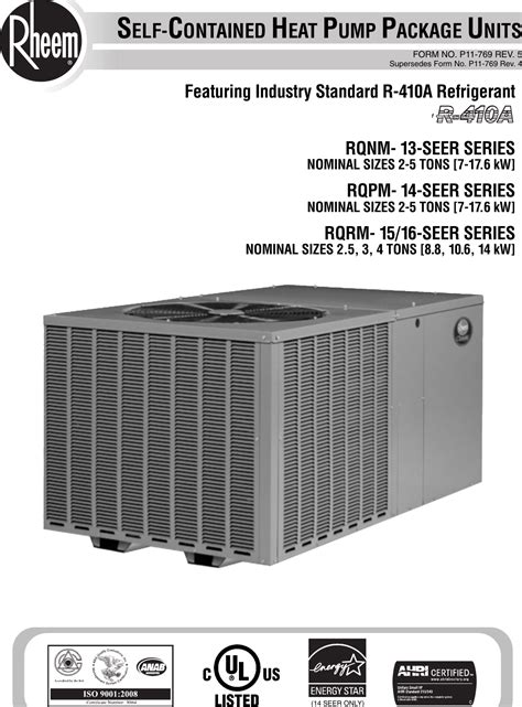 Rheem Package Dedicated Horizontal Heat Pump Specification Sheet