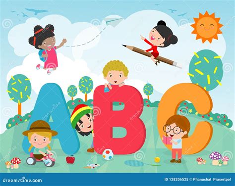 Cartoon Kids With Abc Letters School Kids With Abc Children With Abc