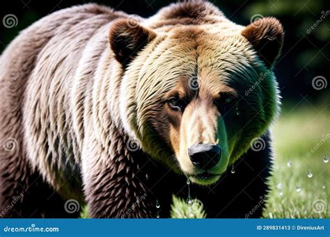 A Mighty Brown Bear Walking Across A Lush Green Field Stock