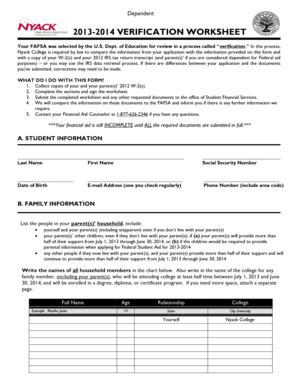 Fillable Online Nyack 13 14 Verification Worksheet Dependent Nyack