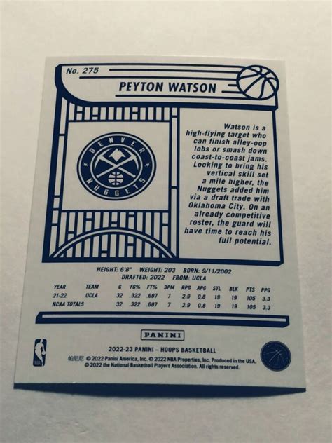 2022 23 NBA Hoops RC Peyton Watson Denver Nuggets 275 EBay