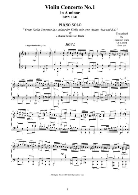 Js Bach Violin Concerto Bwv 1041 1allegro Moderato Piano Solo Sheet