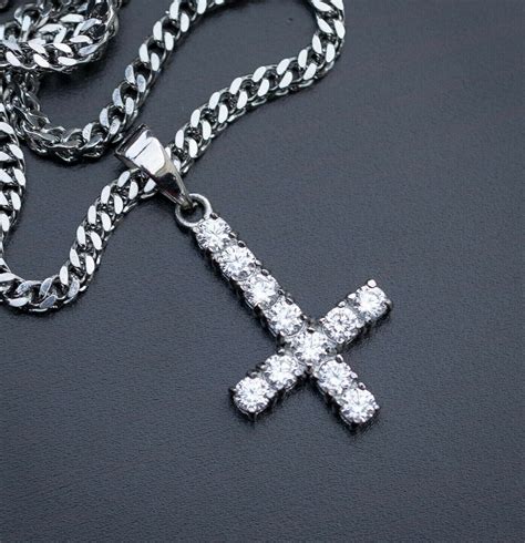 Silver Diamond Upside Down Cross With Chain Chains Necklaces And Pendants