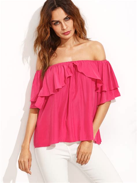 Hot Pink Off The Shoulder Ruffle Blouse Shein Sheinside