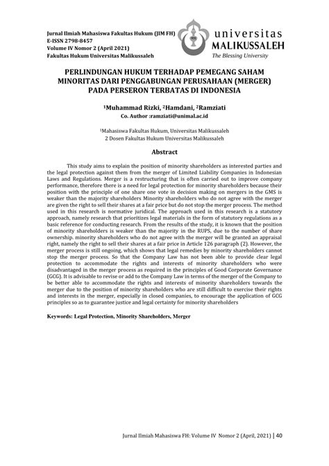 Pdf Perlindungan Hukum Terhadap Pemegang Saham Minoritas Dari