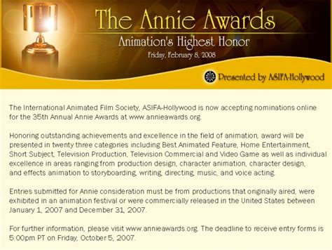 35th ANNIE AWARDS: Call for Entries – Animated Views