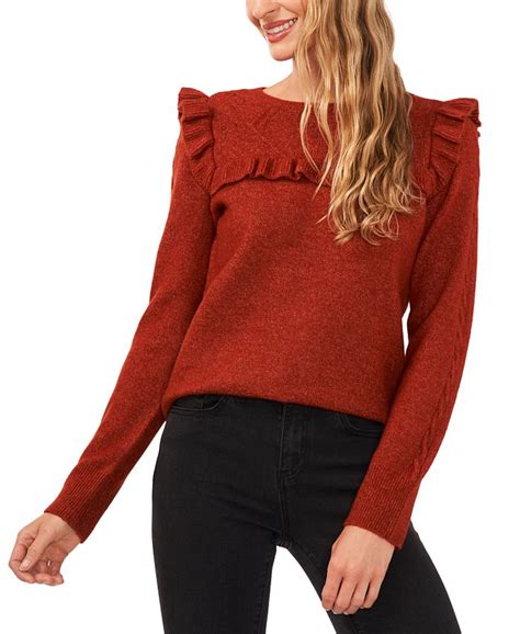 Cece Womens Cable Knit Ruffled Detail Long Sleeve Crewneck Sweater