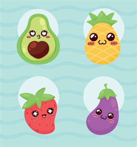 Cuatro Frutas Y Verduras Kawaii Vector En Vecteezy