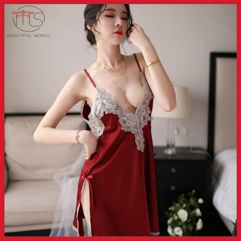 Sexy Nightdress Ice Silk Vintage Lace Babydoll Sleepwear Sexy Lingerie Pajamas Baju Wanita
