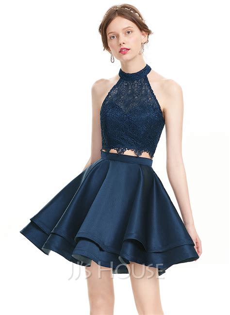 A Line Princess Scoop Neck Short Mini Satin Homecoming Dress