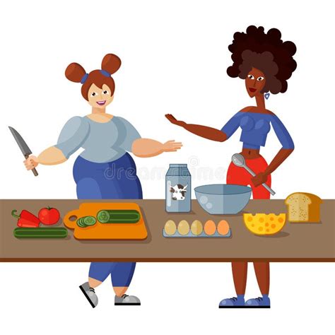 Duas Amigas Novas Bonitas Cozinham O Caf Da Manh Saud Vel Na Cozinha