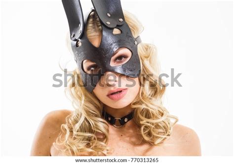 Beautiful Girl Blonde Sexy Mask Lingerie Stock Photo