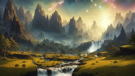 Un Paisaje Con Una Cascada Y Un Cielo Estrellado Foto Premium