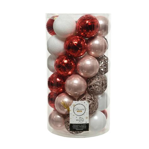 Decoris Kerstballen 37x St Lichtroze Rood Wit 6 Cm Kunststof