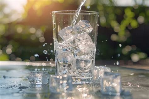 Glass Of Water With Ice Pour Ice Cubes On A Hot Summer Day Stock Photo Image Of Cool