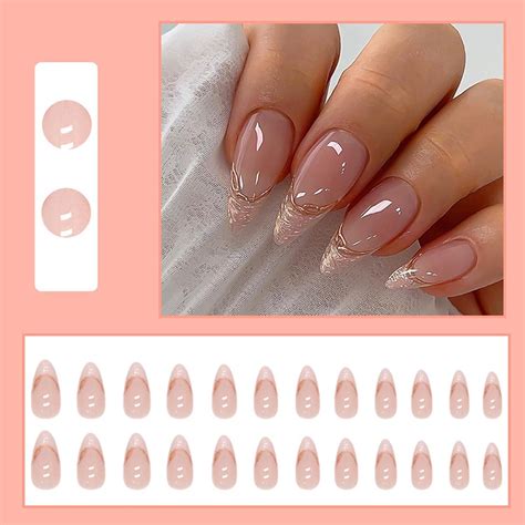 Pcs Almond French Tip Nude Pink Press On Nails With Glitter Gold Stiletto False Nails For