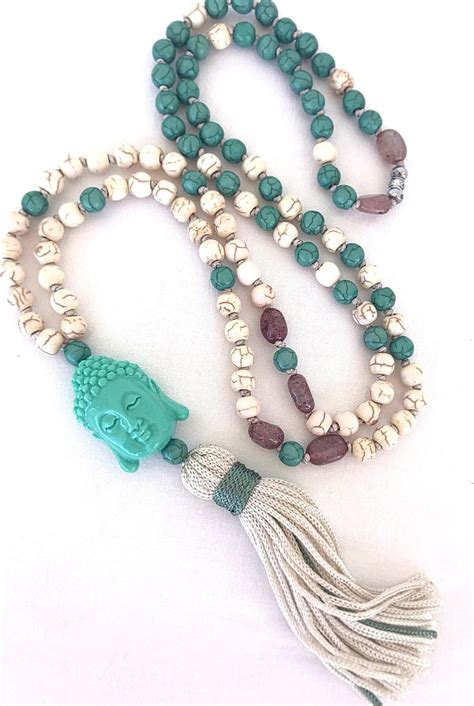 Turquoise Buddha Tassel Necklace Beads Mala Necklace Howlite