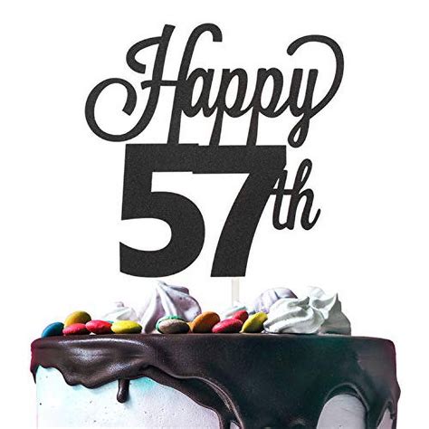 LINGTEER Happy 57th Birthday Black Cake Topper - Cheers to 57th ...