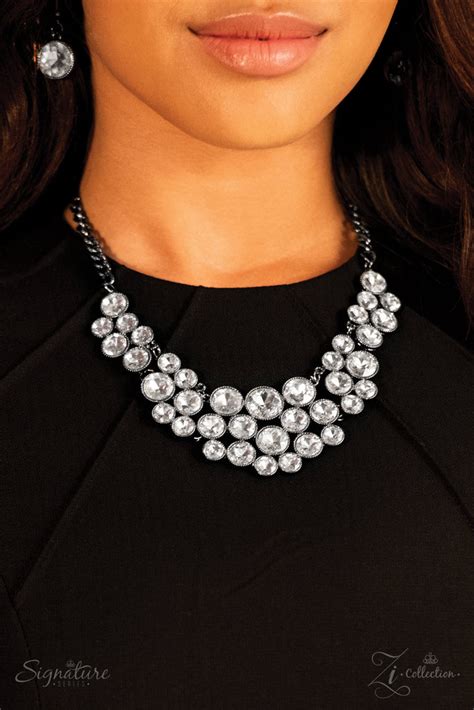 Paparazzi The Angela White Rhinestone Gunmetal Zi Collection Necklac