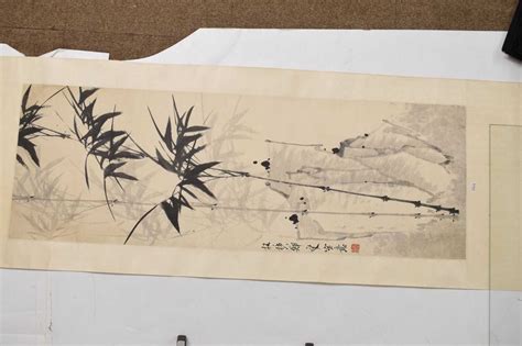 Chinese Watercolour Scroll Painting Depicting Bamboo With Landscape