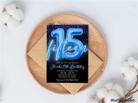 Editable Blue 15th Birthday Invitation Template Glitter Birthday Party