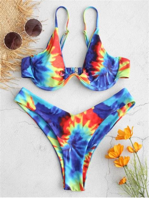 50 OFF 2020 ZAFUL Tie Dye Plunge Underwire Bikini Set In MULTI ZAFUL