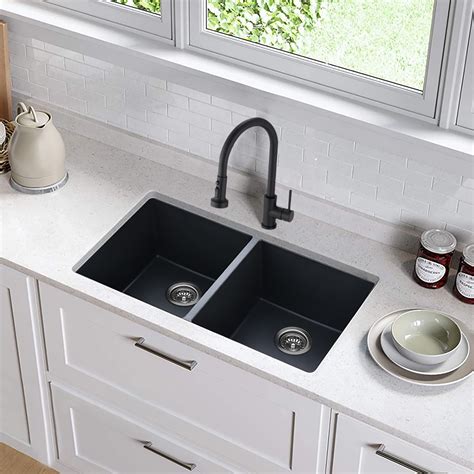 Htoonney 32 L X 18 W Undermount Quartz Double Bowl Kitchen Sink Matte